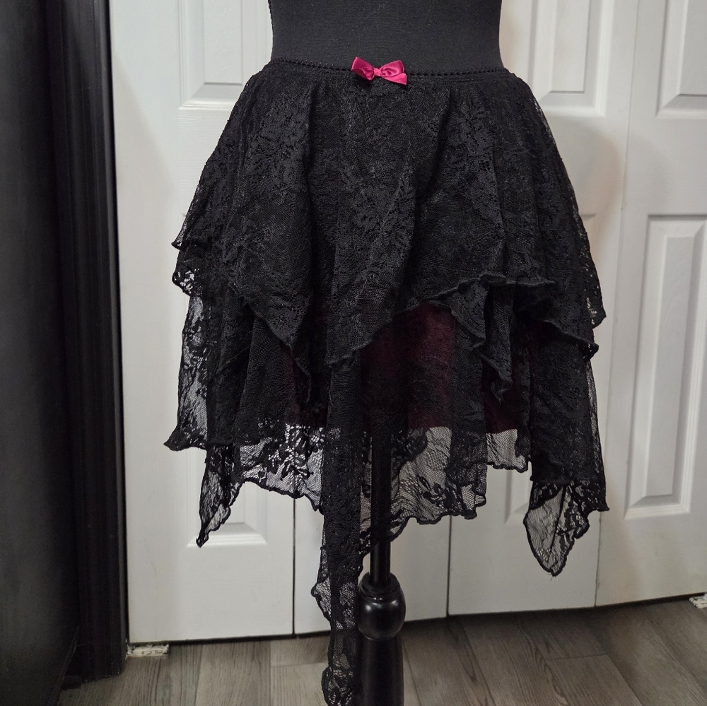 Dolls Kill Widow The Seventh Sense Mini Skirt Hanky Hem Lace Black Red Goth Emo